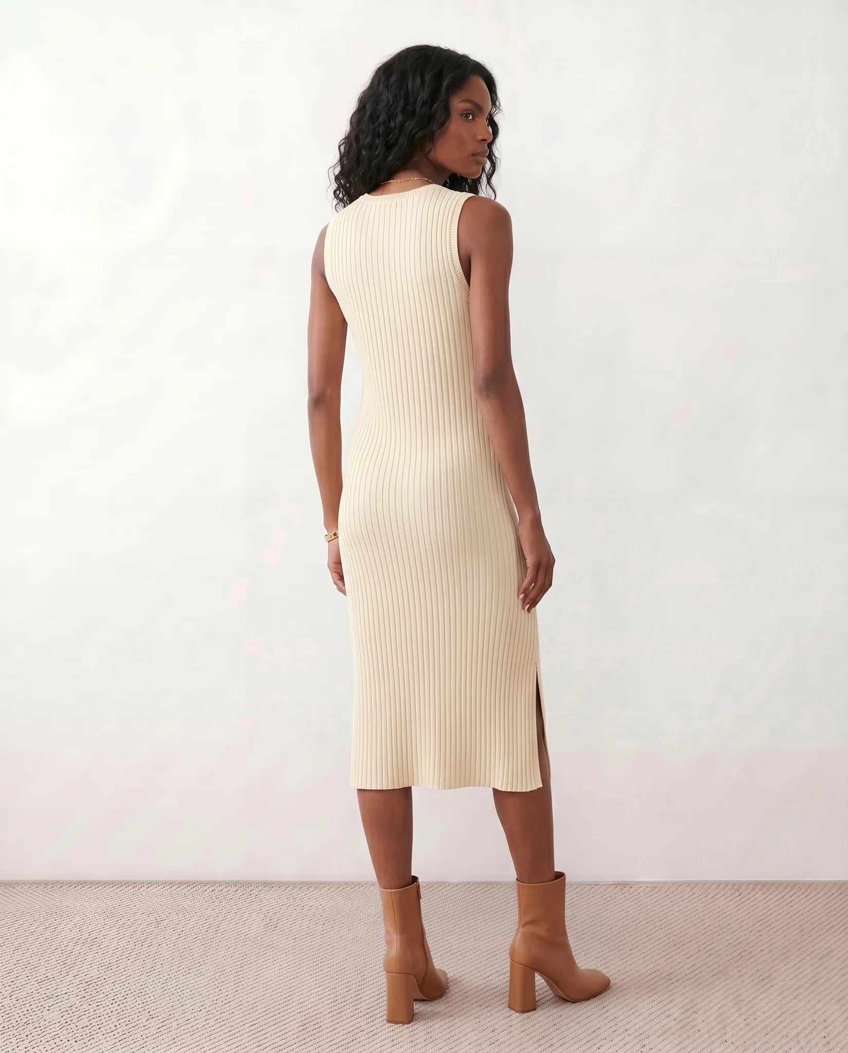 Raina Cocktail Ribbed Midi Dress in Beige — back view