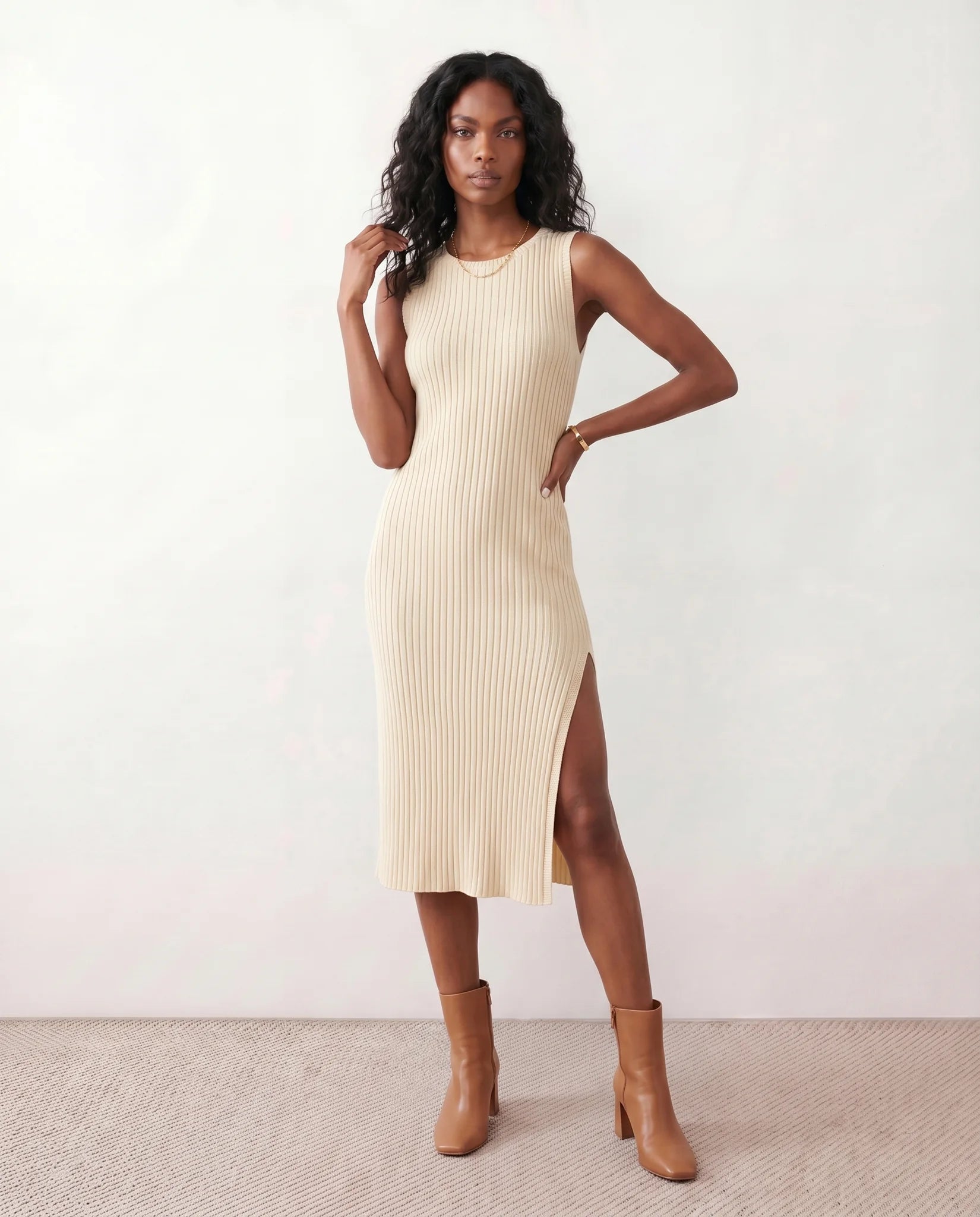 Raina Cocktail Ribbed Midi Dress in Beige — front view