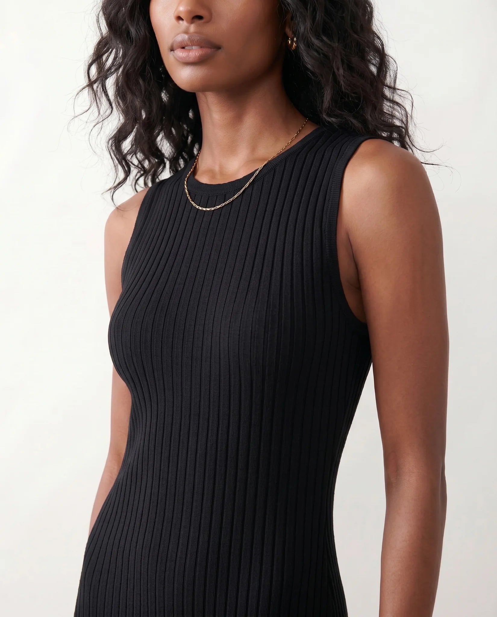 Raina Cocktail Ribbed Midi Dress in Black — detail close-up