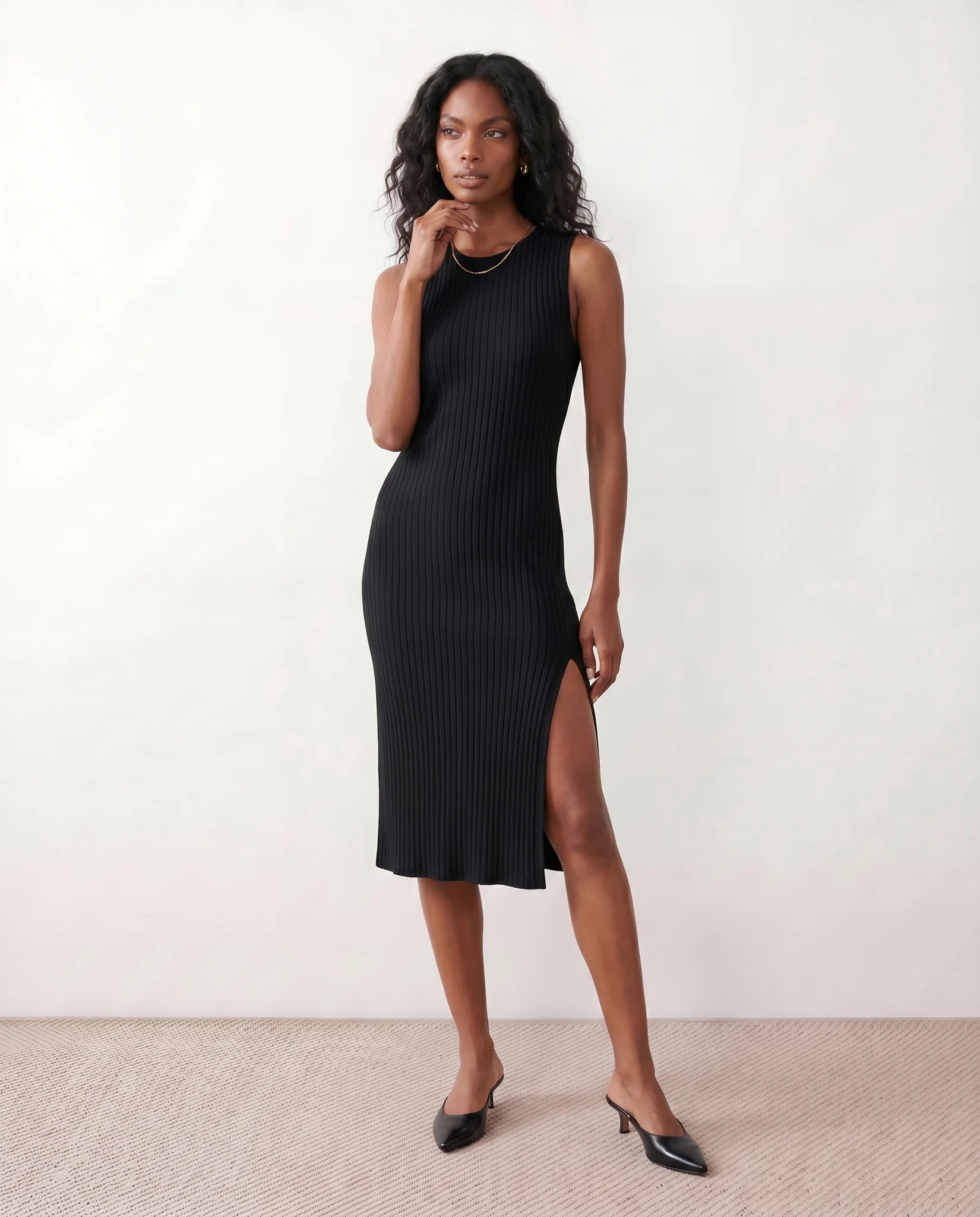 Raina Cocktail Ribbed Midi Dress in Black — front view