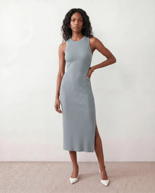 Raina Cocktail Ribbed Midi Dress in Blue — front view