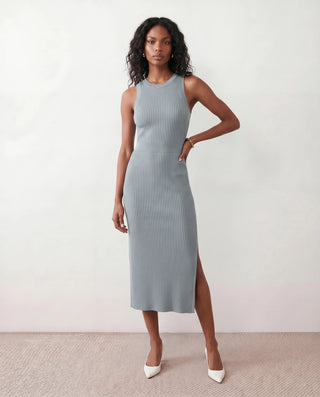 Raina Cocktail Ribbed Midi Dress in Blue — front view