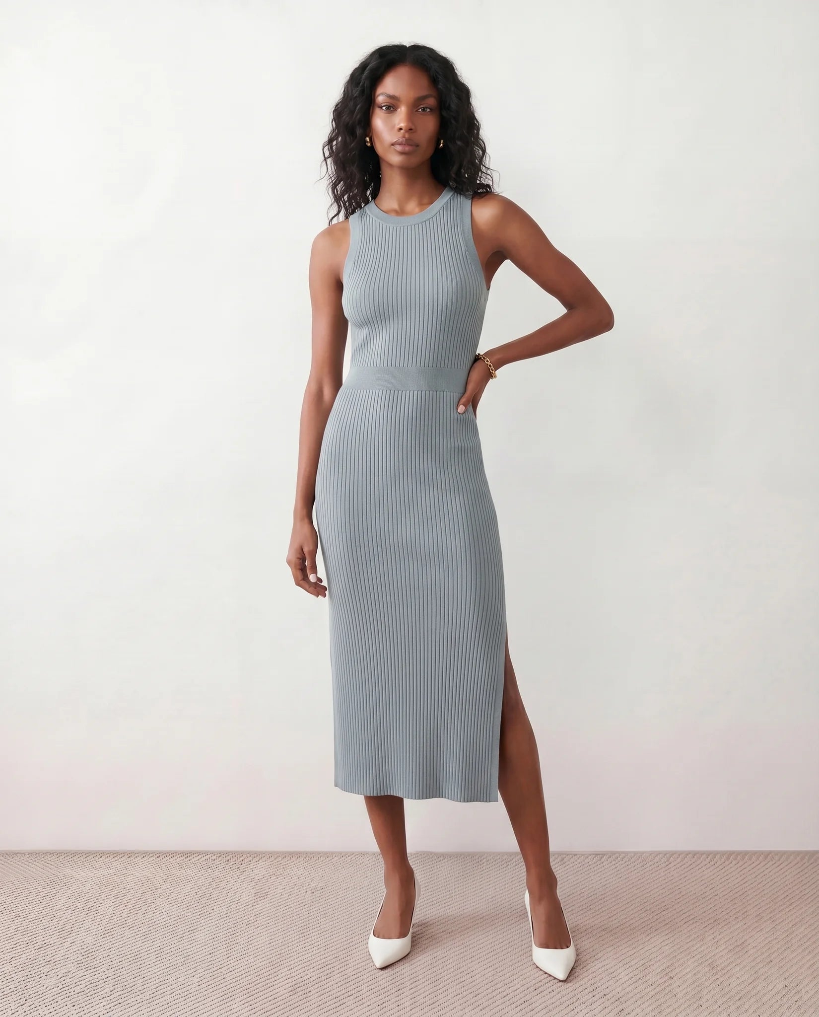 Raina Cocktail Ribbed Midi Dress in Blue — front view