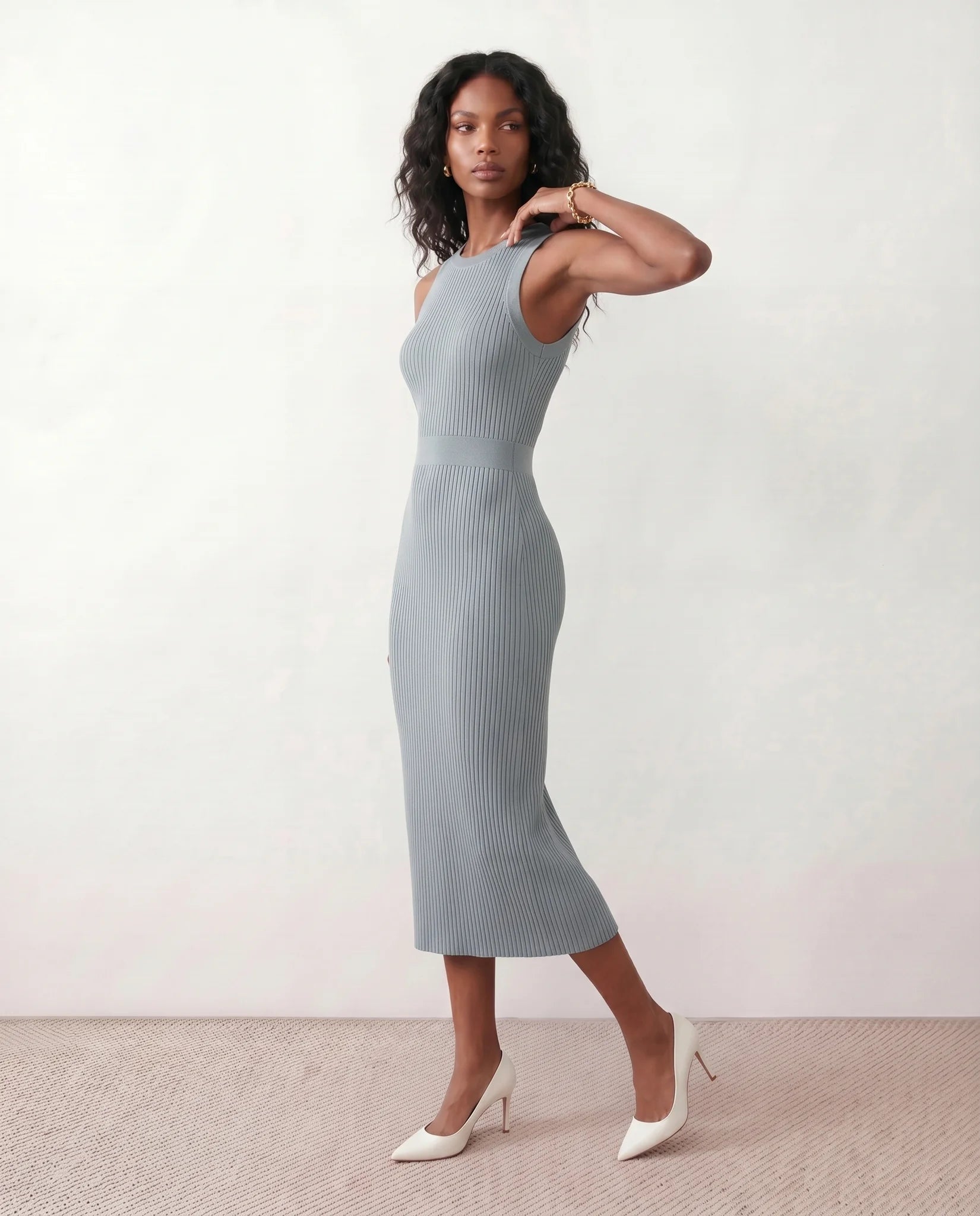 Raina Cocktail Ribbed Midi Dress in Blue — side view