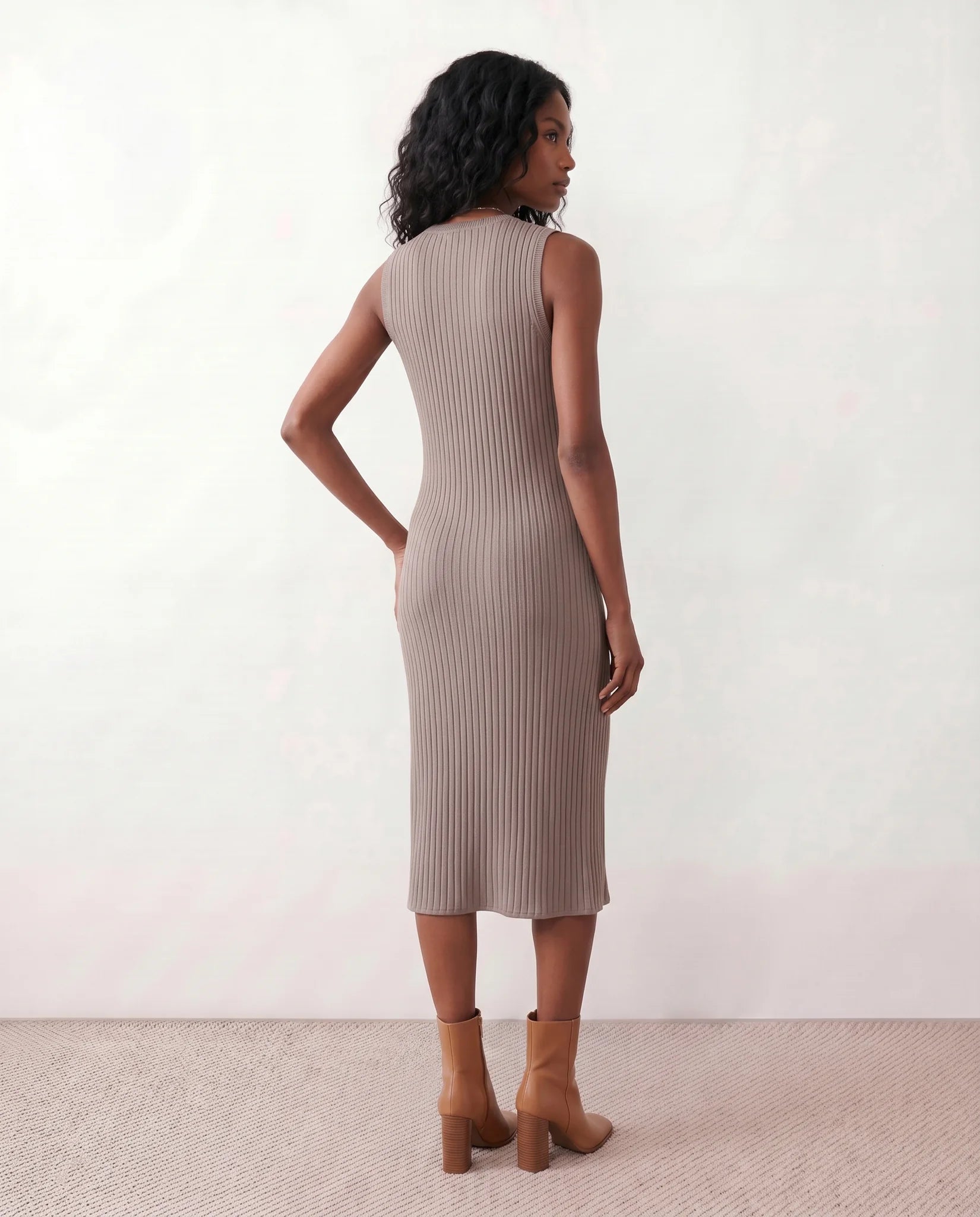 Raina Cocktail Ribbed Midi Dress in Brown — back view