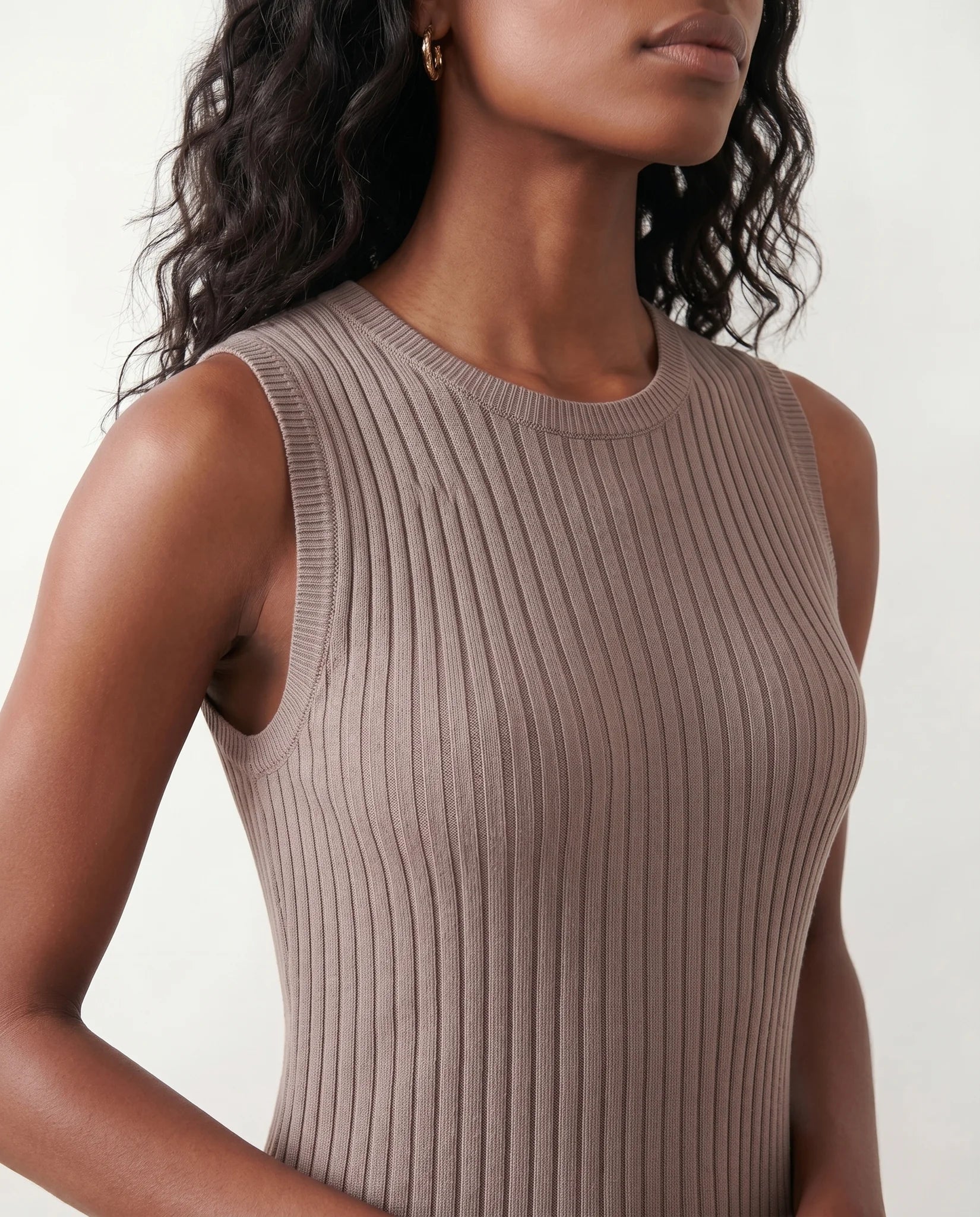 Raina Cocktail Ribbed Midi Dress in Brown — detail close-up