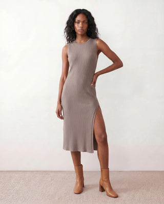 Raina Cocktail Ribbed Midi Dress in Brown — front view