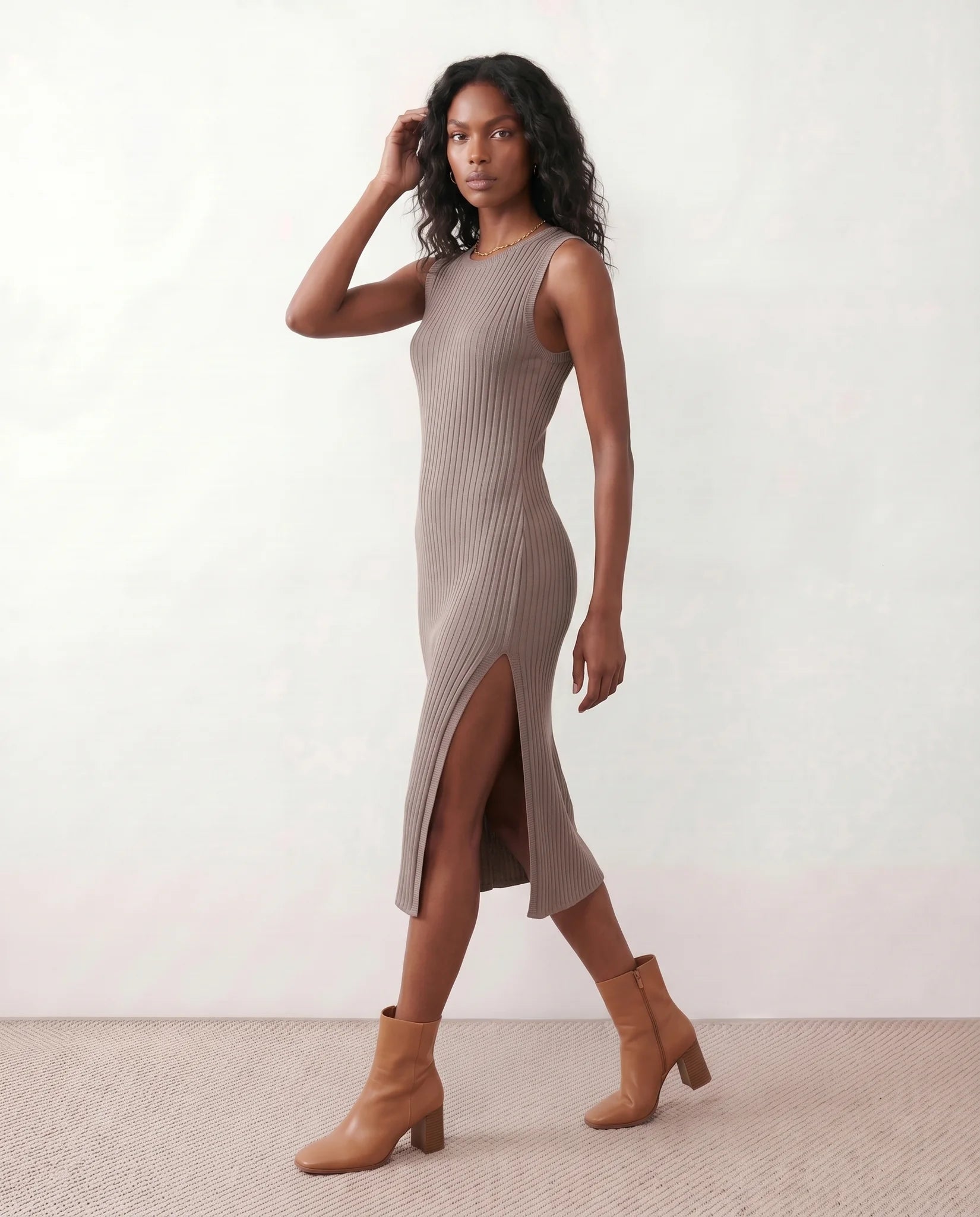 Raina Cocktail Ribbed Midi Dress in Brown — side view