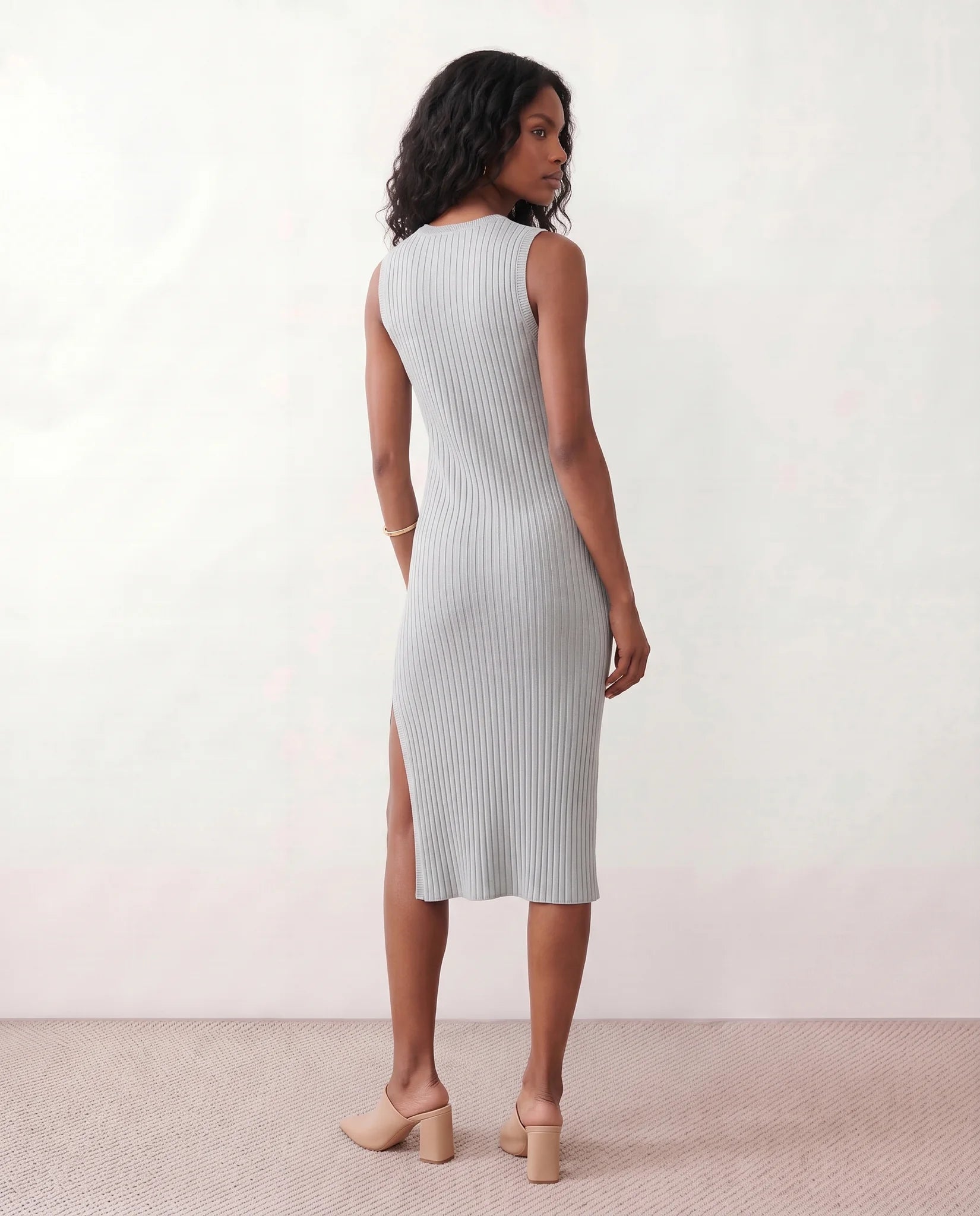 Raina Cocktail Ribbed Midi Dress in Gray — back view