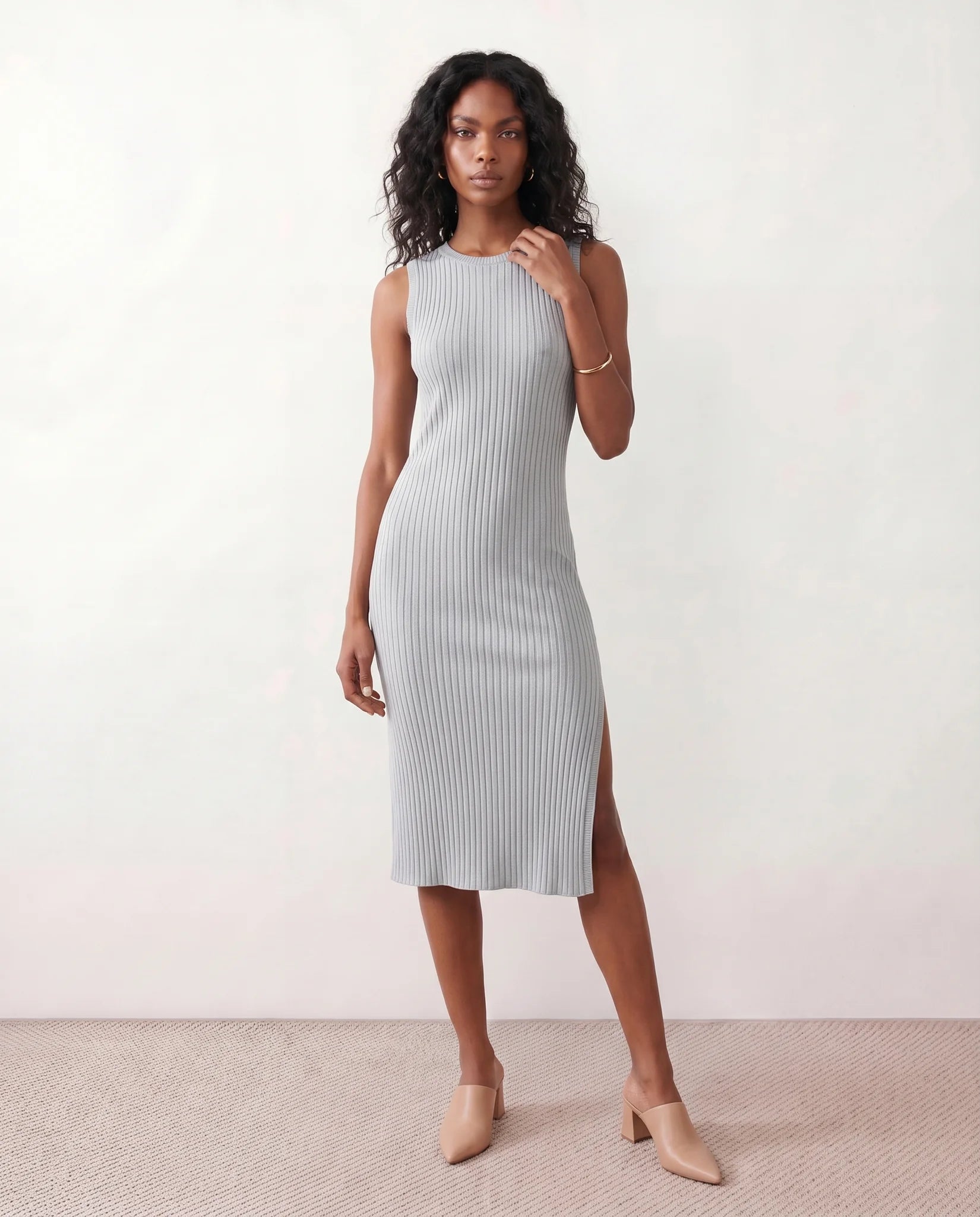Raina Cocktail Ribbed Midi Dress in Gray — front view