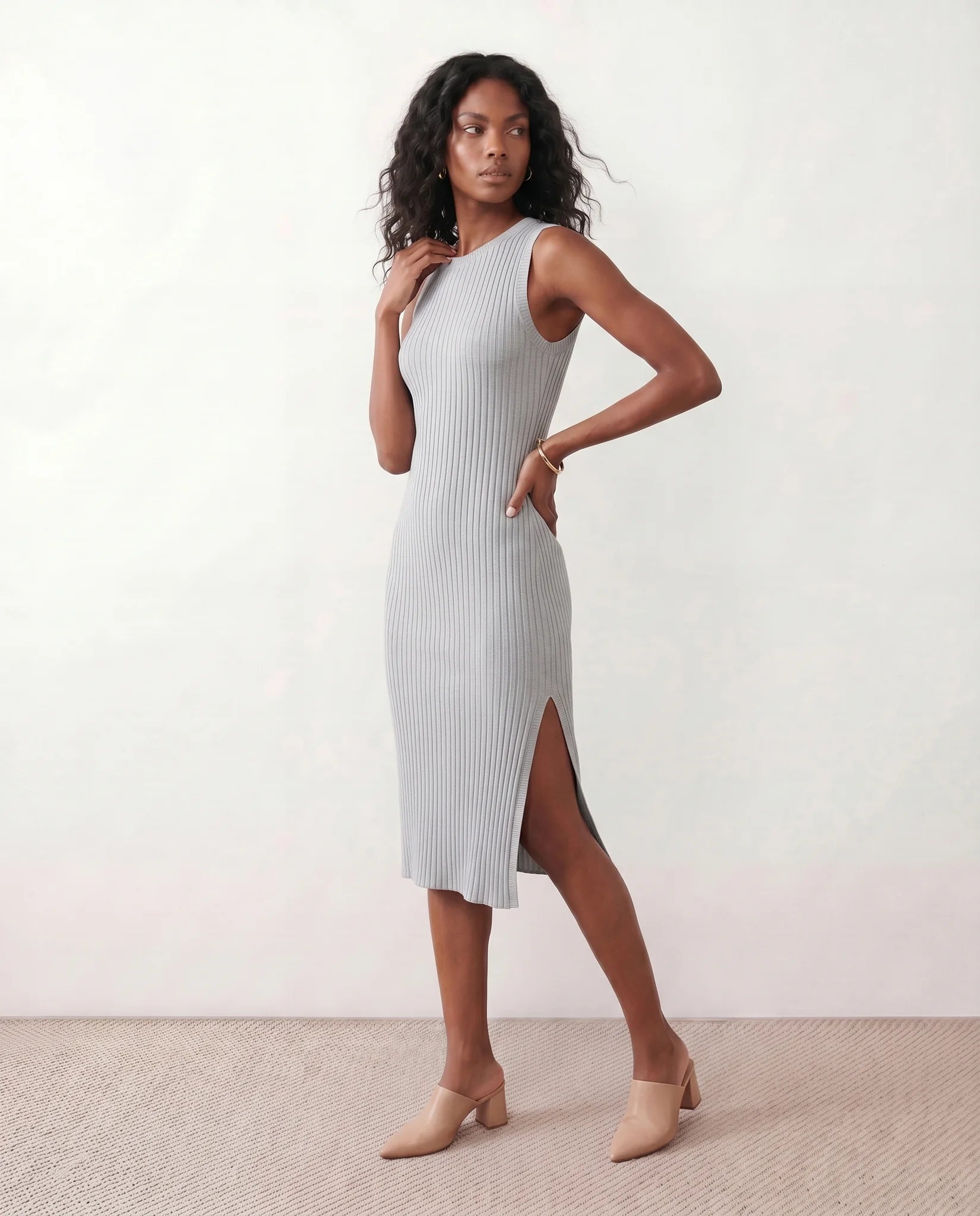 Raina Cocktail Ribbed Midi Dress in Gray — side view