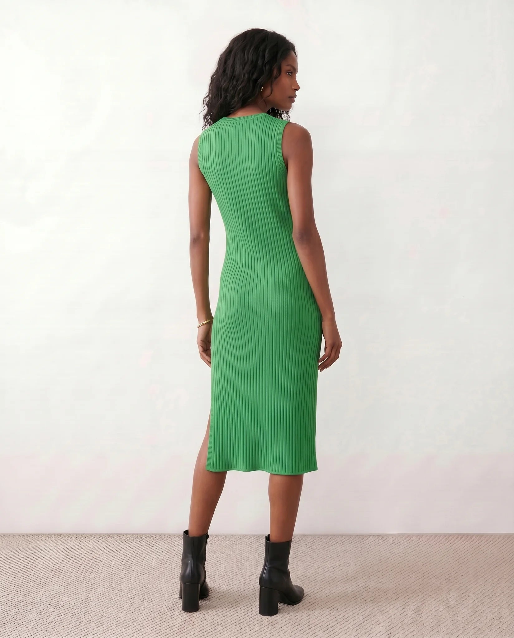 Raina Cocktail Ribbed Midi Dress in Green — back view