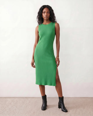 Raina Cocktail Ribbed Midi Dress in Green — front view