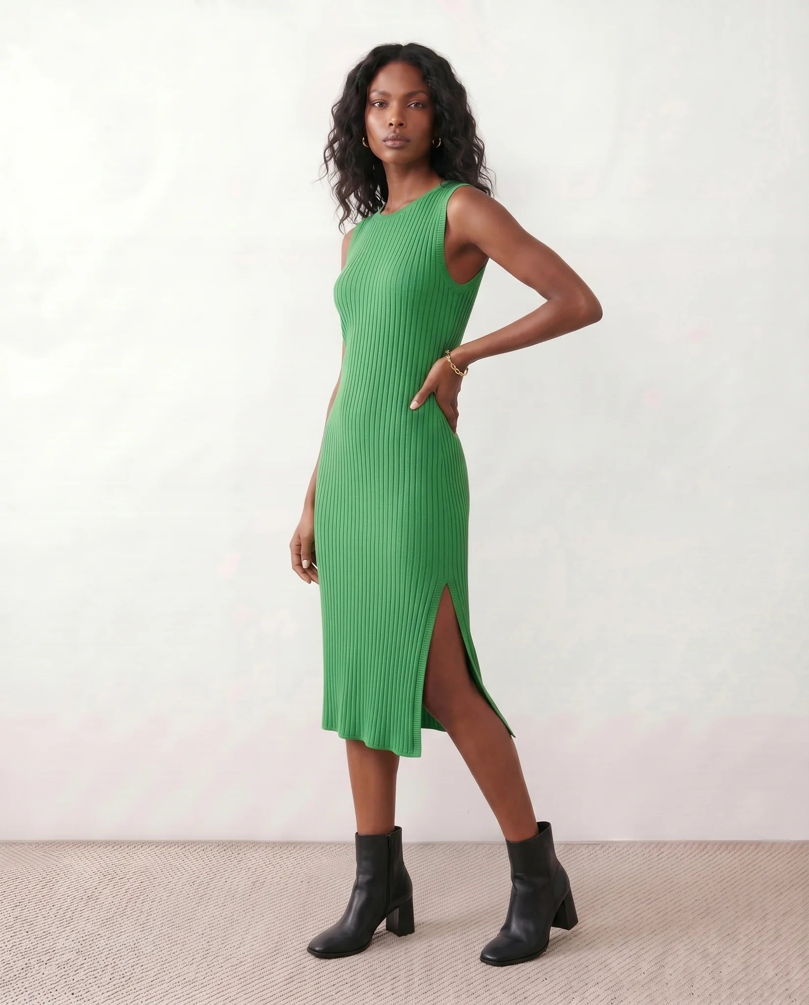 Raina Cocktail Ribbed Midi Dress in Green — side view