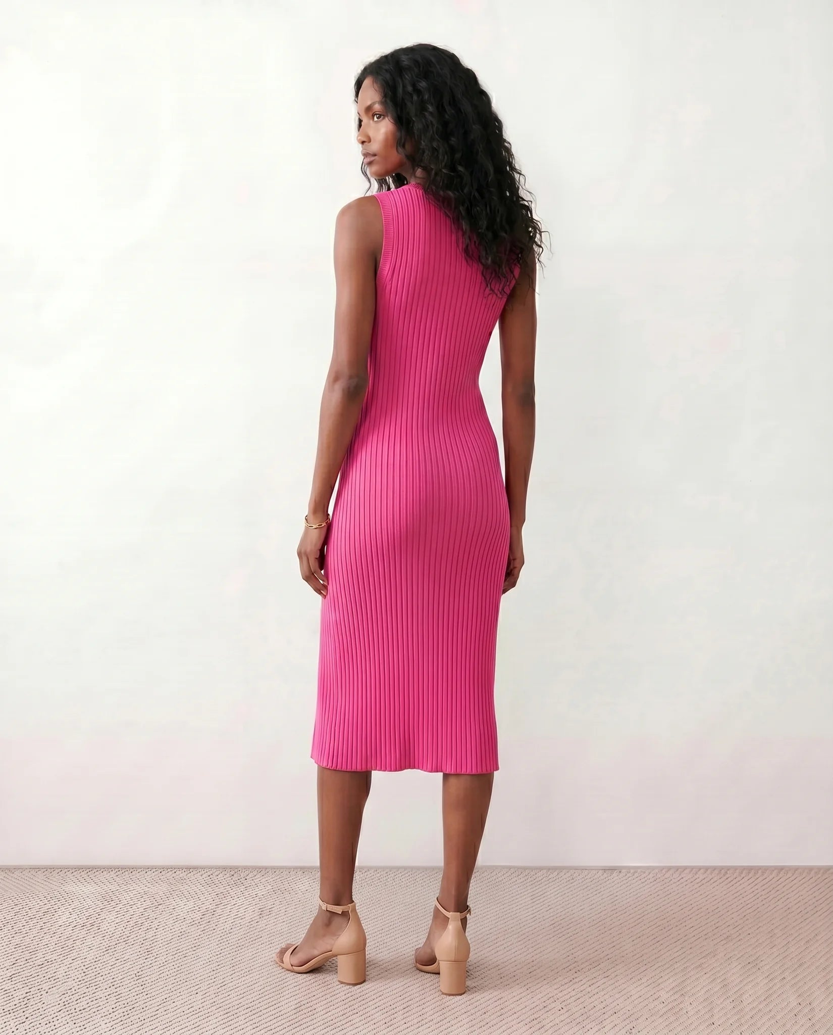 Raina Cocktail Ribbed Midi Dress in Pink — back view