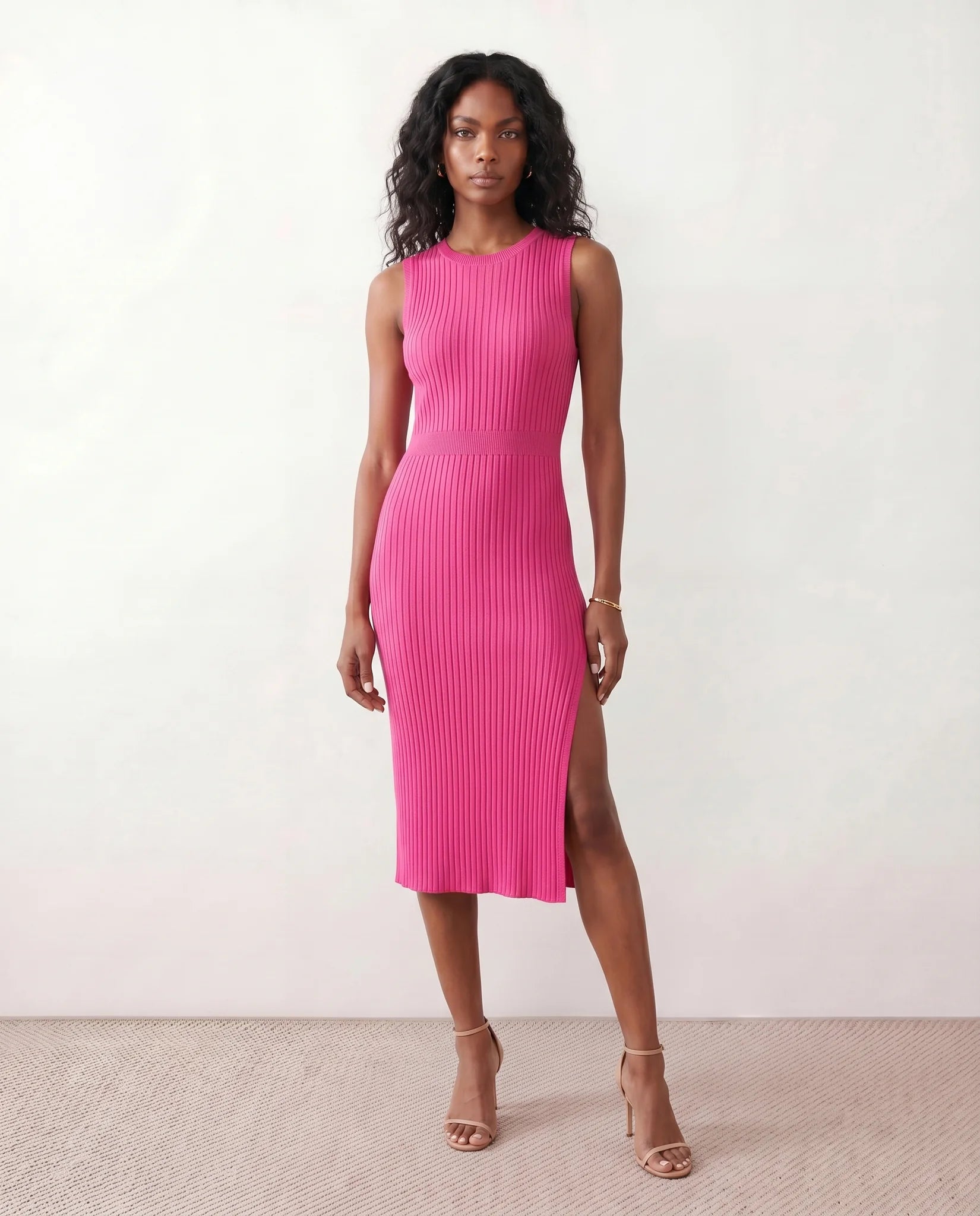 Raina Cocktail Ribbed Midi Dress in Pink — front view