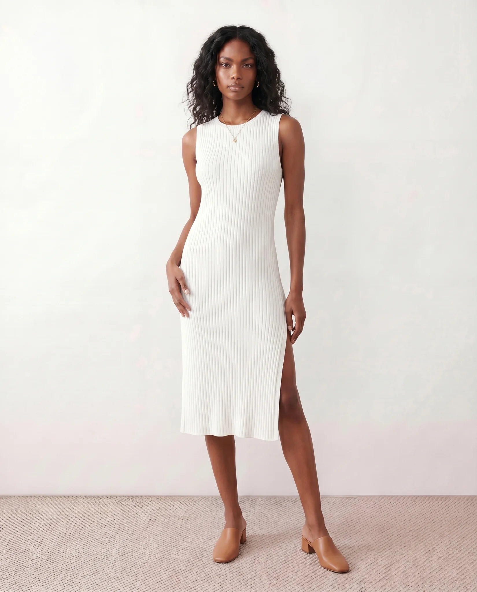 Raina Cocktail Ribbed Midi Dress in White — front view