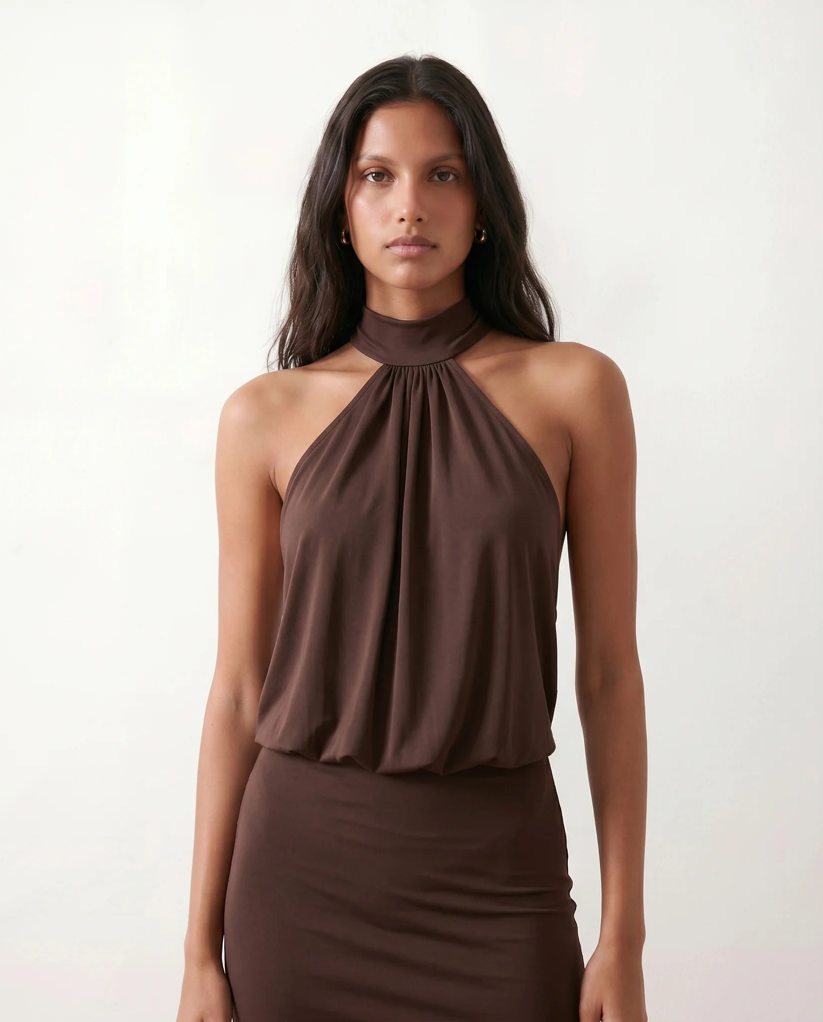 Mae Party Silk Mini Dress in Brown — detail close-up