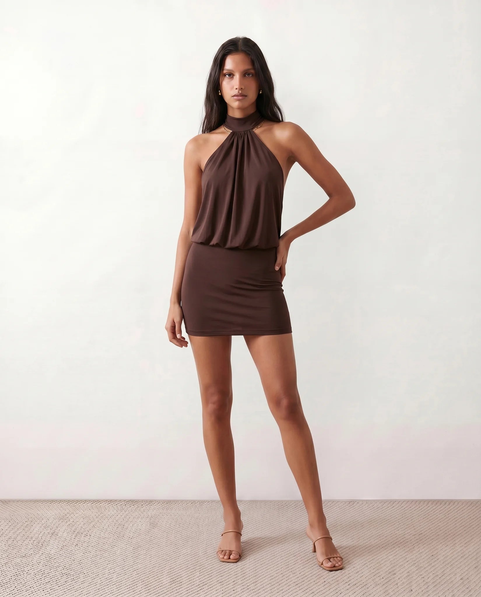 Mae Party Silk Mini Dress in Brown — front view