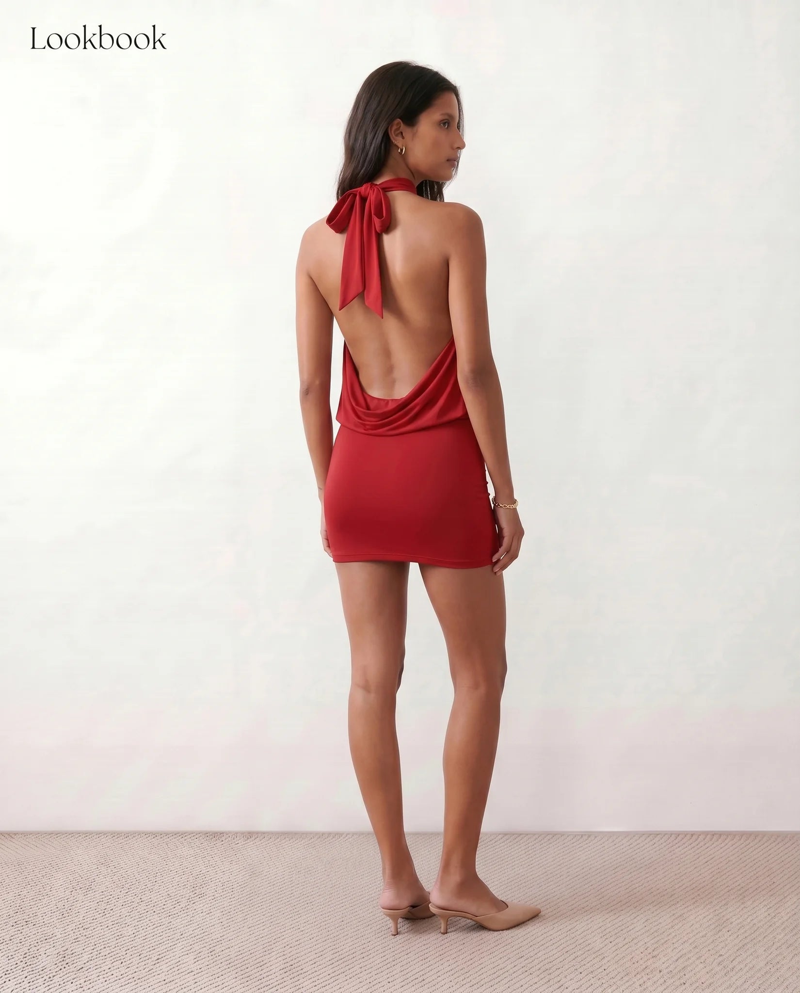 Mae Party Silk Mini Dress in Red — back view