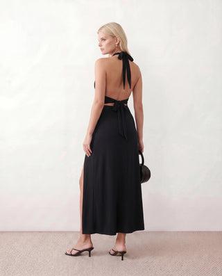 Greta Cocktail Halter Maxi Dress in Black — back view