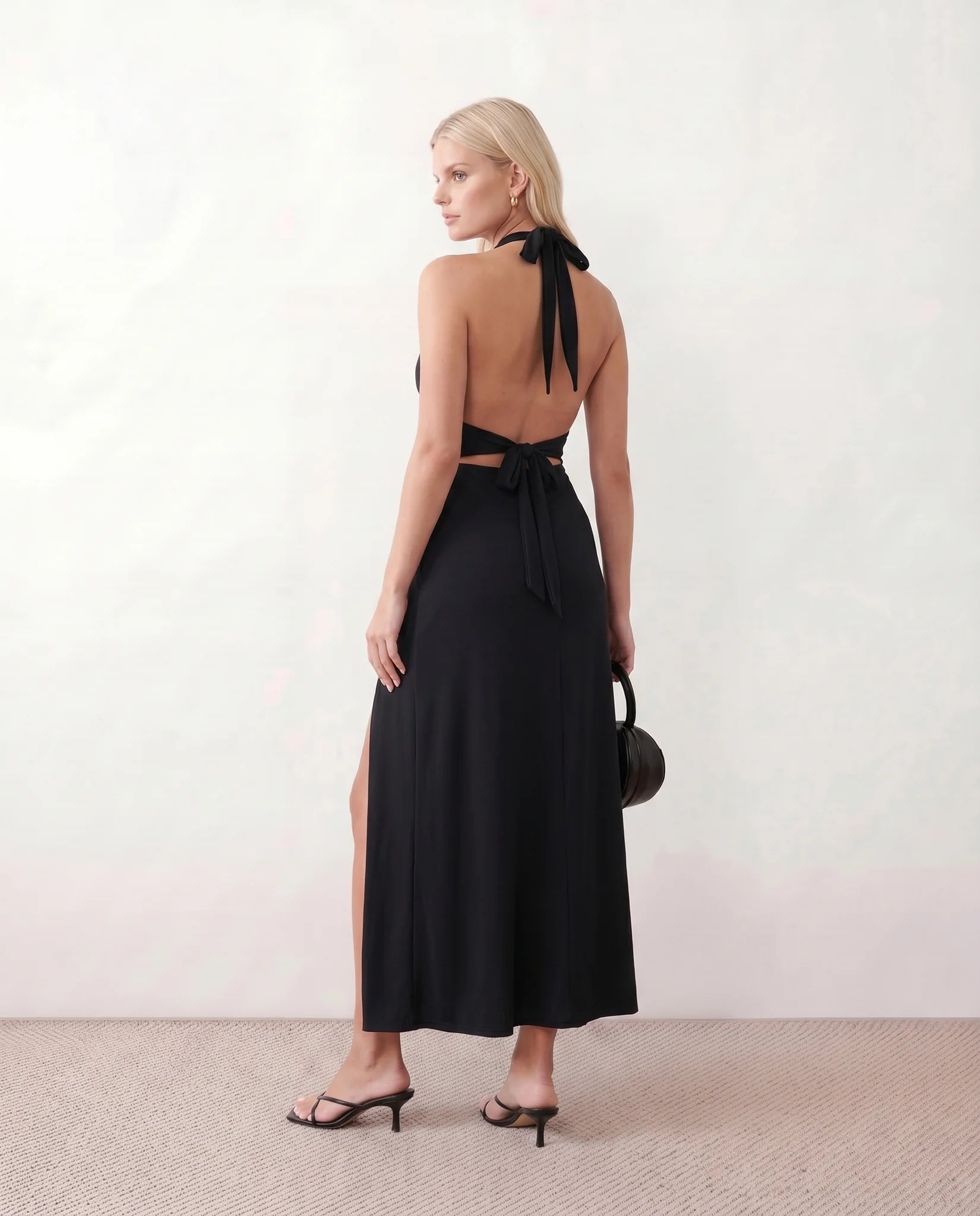 Greta Cocktail Halter Maxi Dress in Black — back view