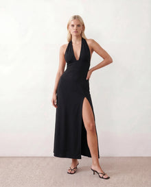 Greta Cocktail Halter Maxi Dress in Black — front view