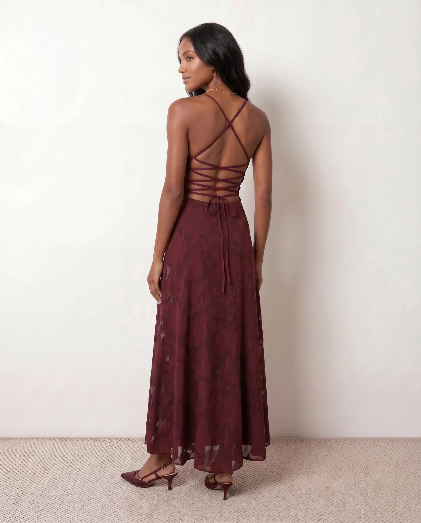 Selene Wedding Guest Floral Maxi Dress in Burgundy — back view