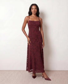 Selene Wedding Guest Floral Maxi Dress in Burgundy — front view