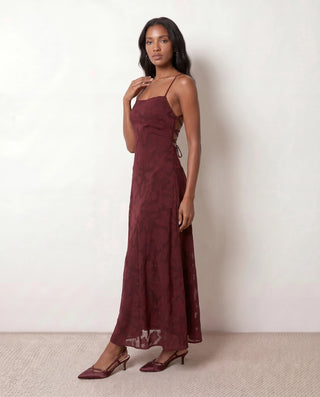 Selene Wedding Guest Floral Maxi Dress in Burgundy — side view