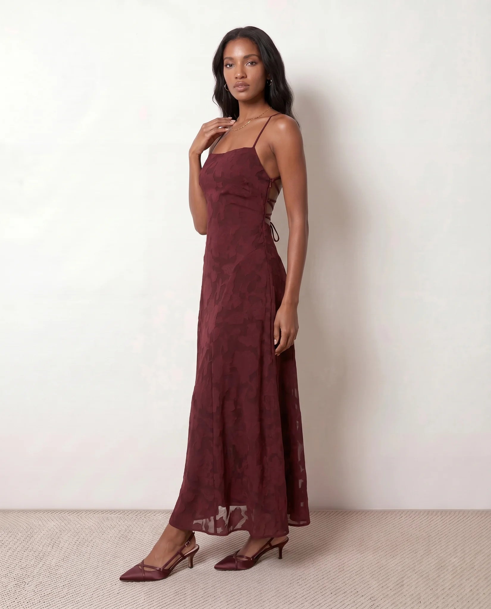 Selene Wedding Guest Floral Maxi Dress in Burgundy — side view