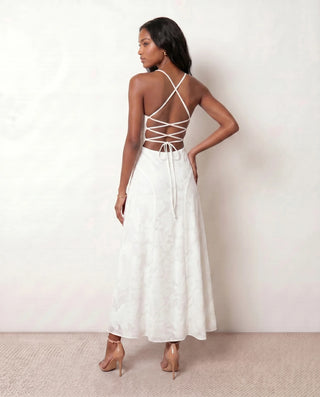 Selene Wedding Guest Floral Maxi Dress in White — back view