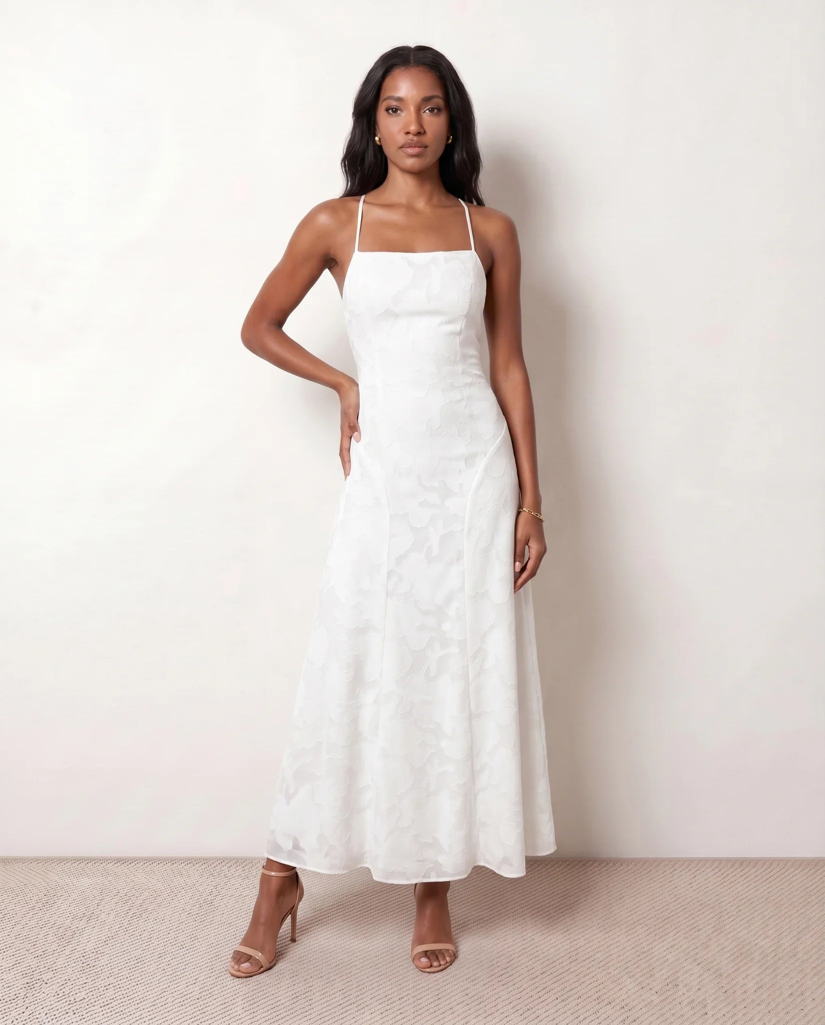 Selene Wedding Guest Floral Maxi Dress in White — front view