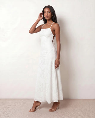 Selene Wedding Guest Floral Maxi Dress in White — side view