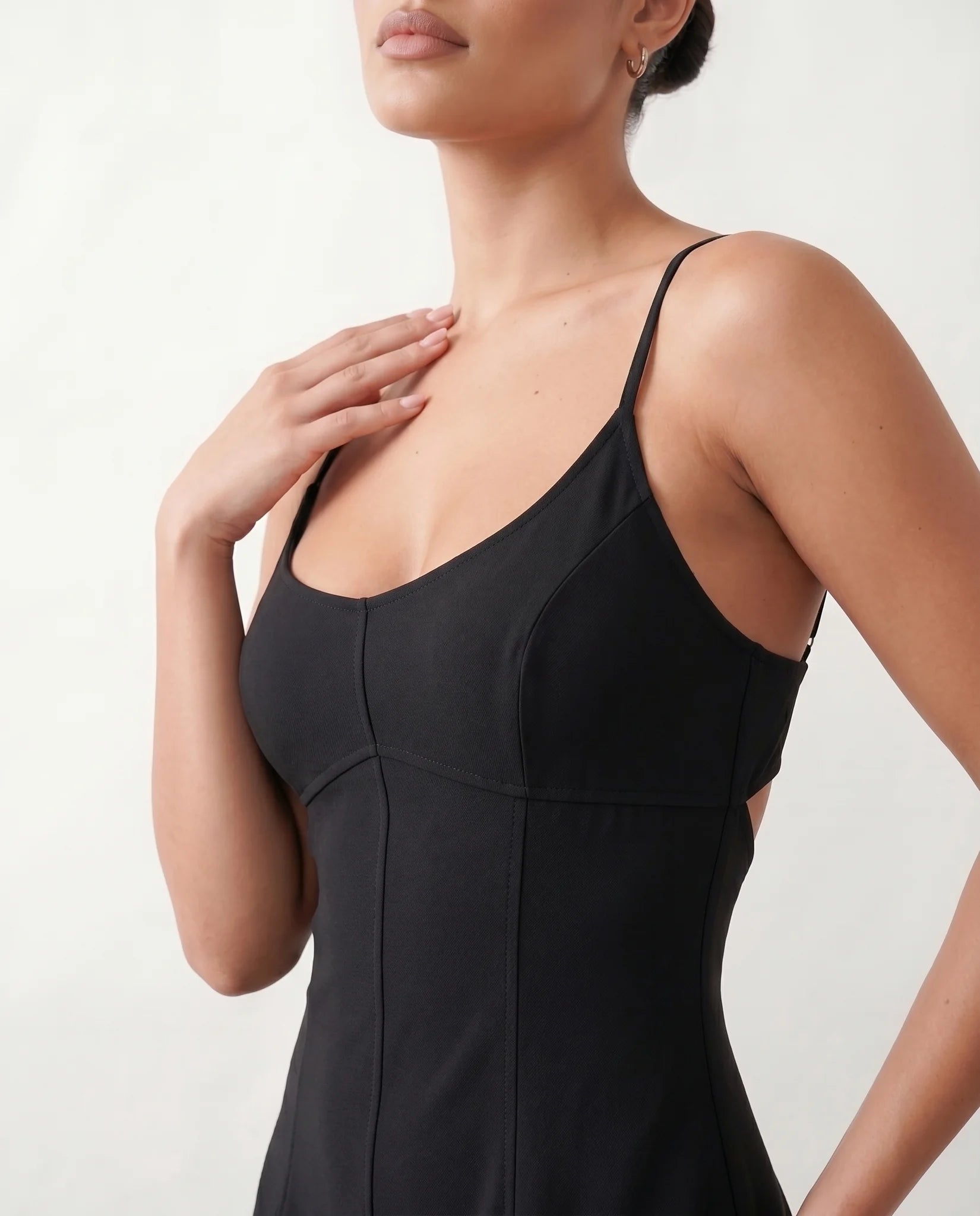 Josie Wedding Guest Spaghetti Strap Maxi Dress in Black — detail close-up