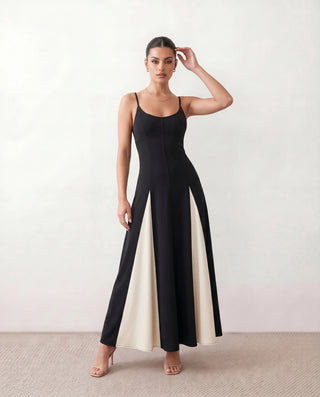 Josie Wedding Guest Spaghetti Strap Maxi Dress in Black — front view