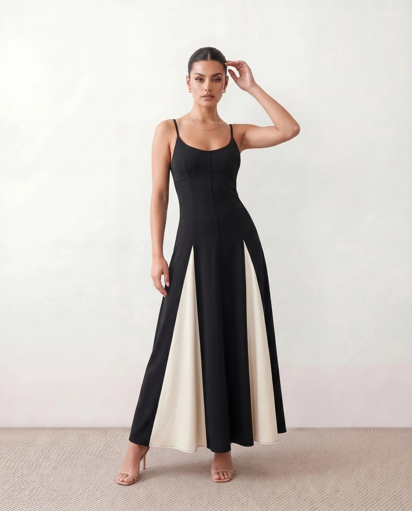 Josie Wedding Guest Spaghetti Strap Maxi Dress in Black — front view