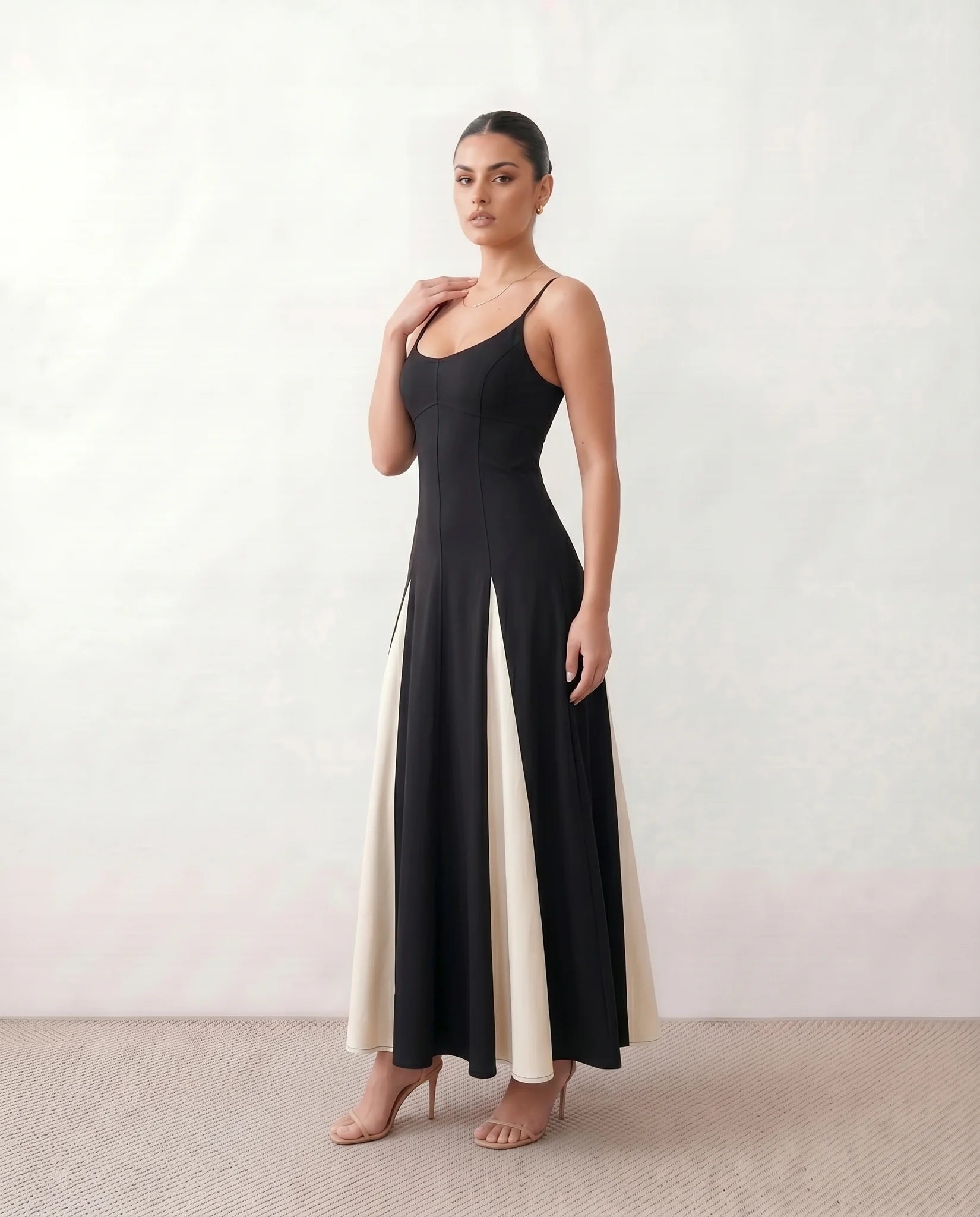 Josie Wedding Guest Spaghetti Strap Maxi Dress in Black — side view