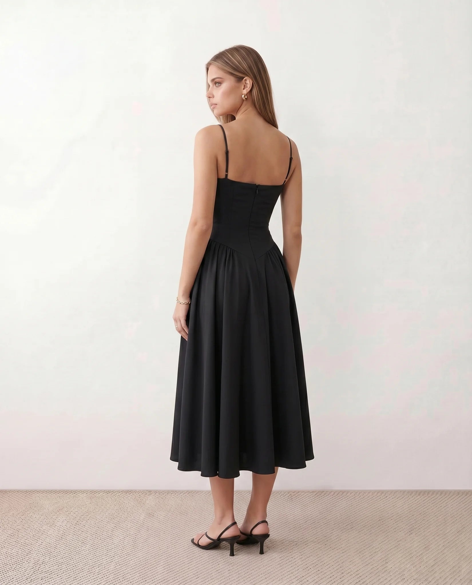 Daria Cocktail Spaghetti Strap Midi Dress in Black — back view