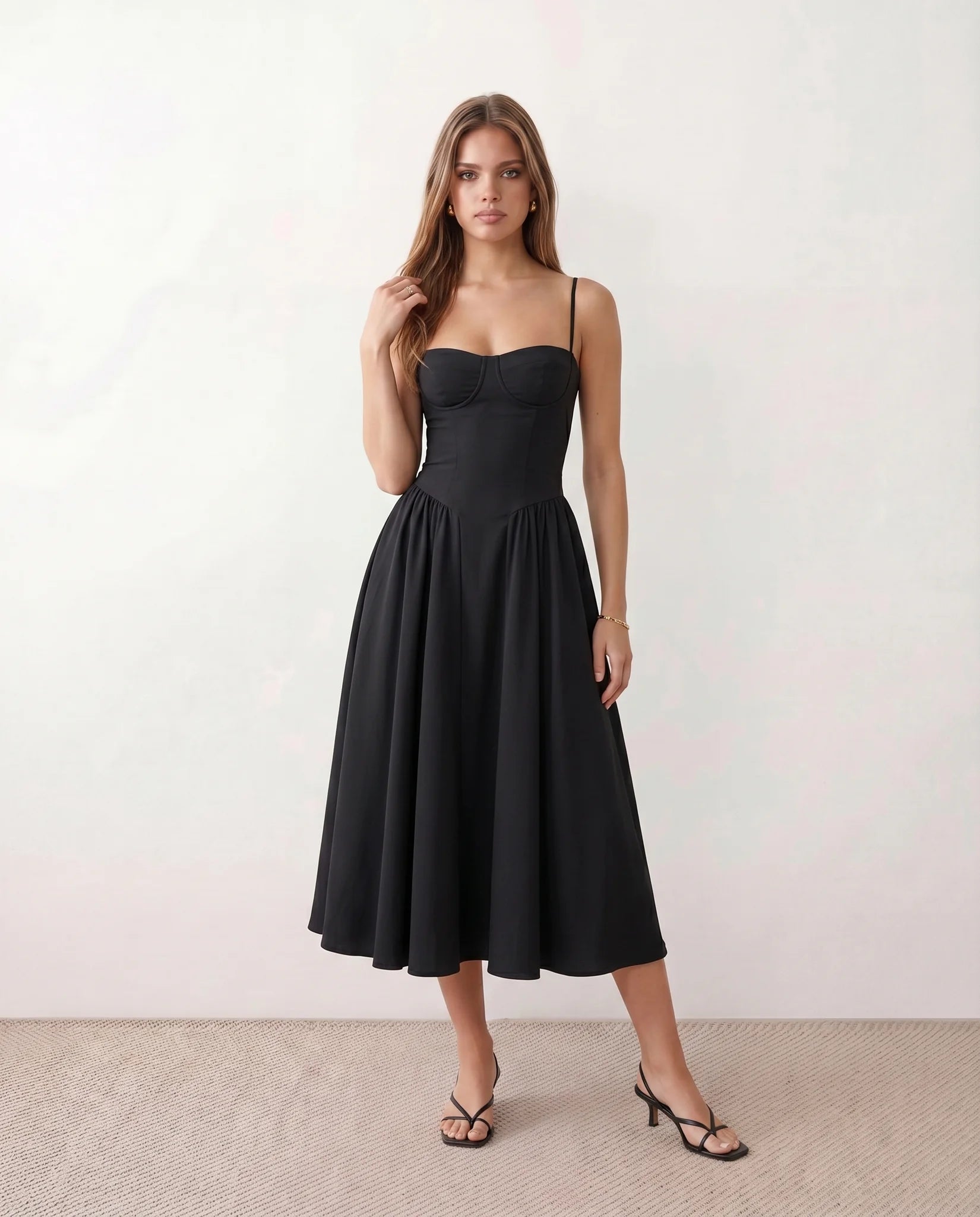 Daria Cocktail Spaghetti Strap Midi Dress in Black — front view