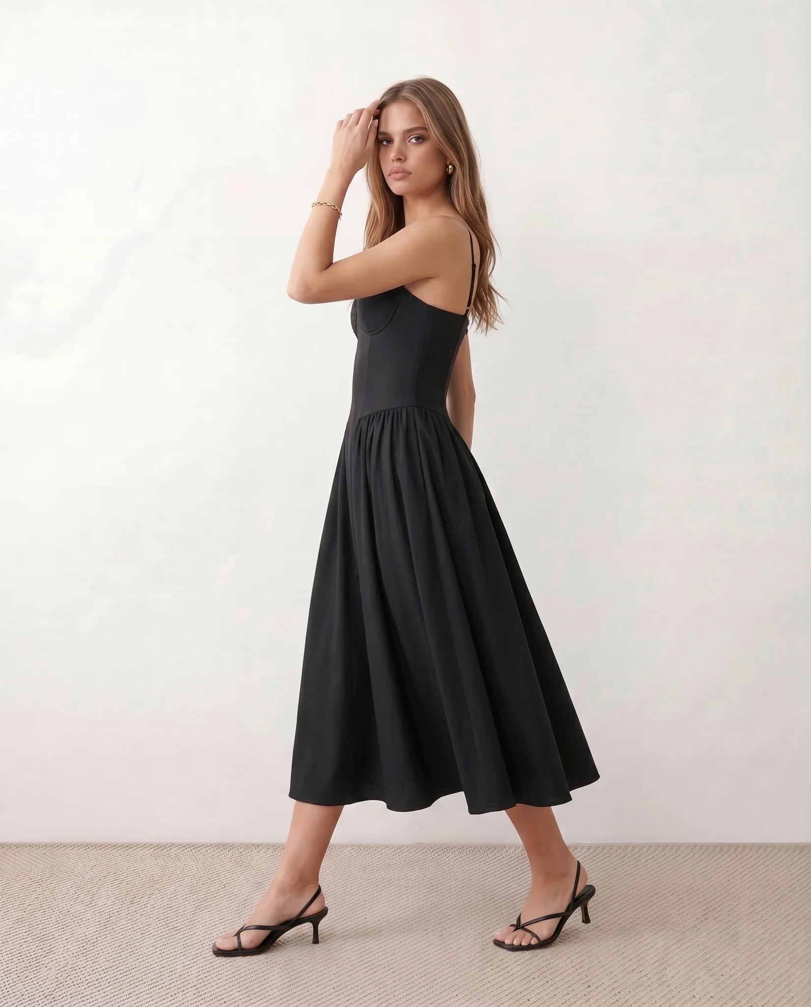 Daria Cocktail Spaghetti Strap Midi Dress in Black — side view