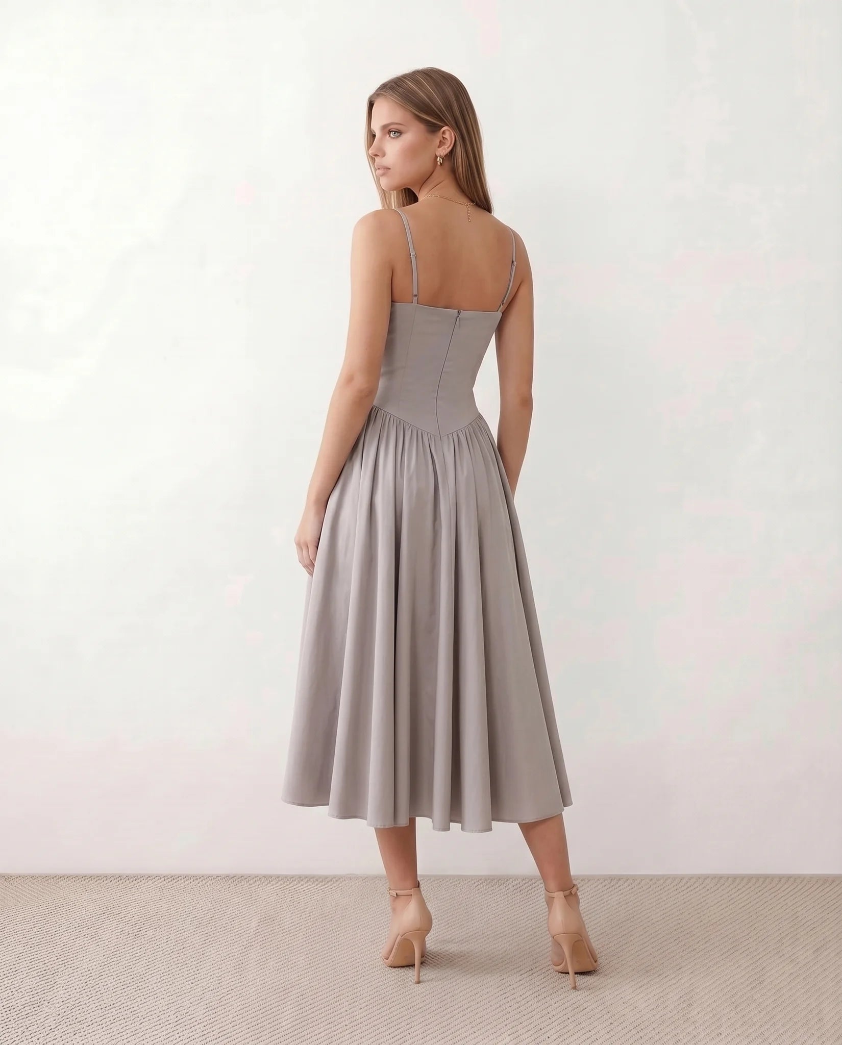 Daria Cocktail Spaghetti Strap Midi Dress in Gray — back view