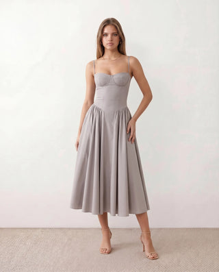 Daria Cocktail Spaghetti Strap Midi Dress in Gray — front view