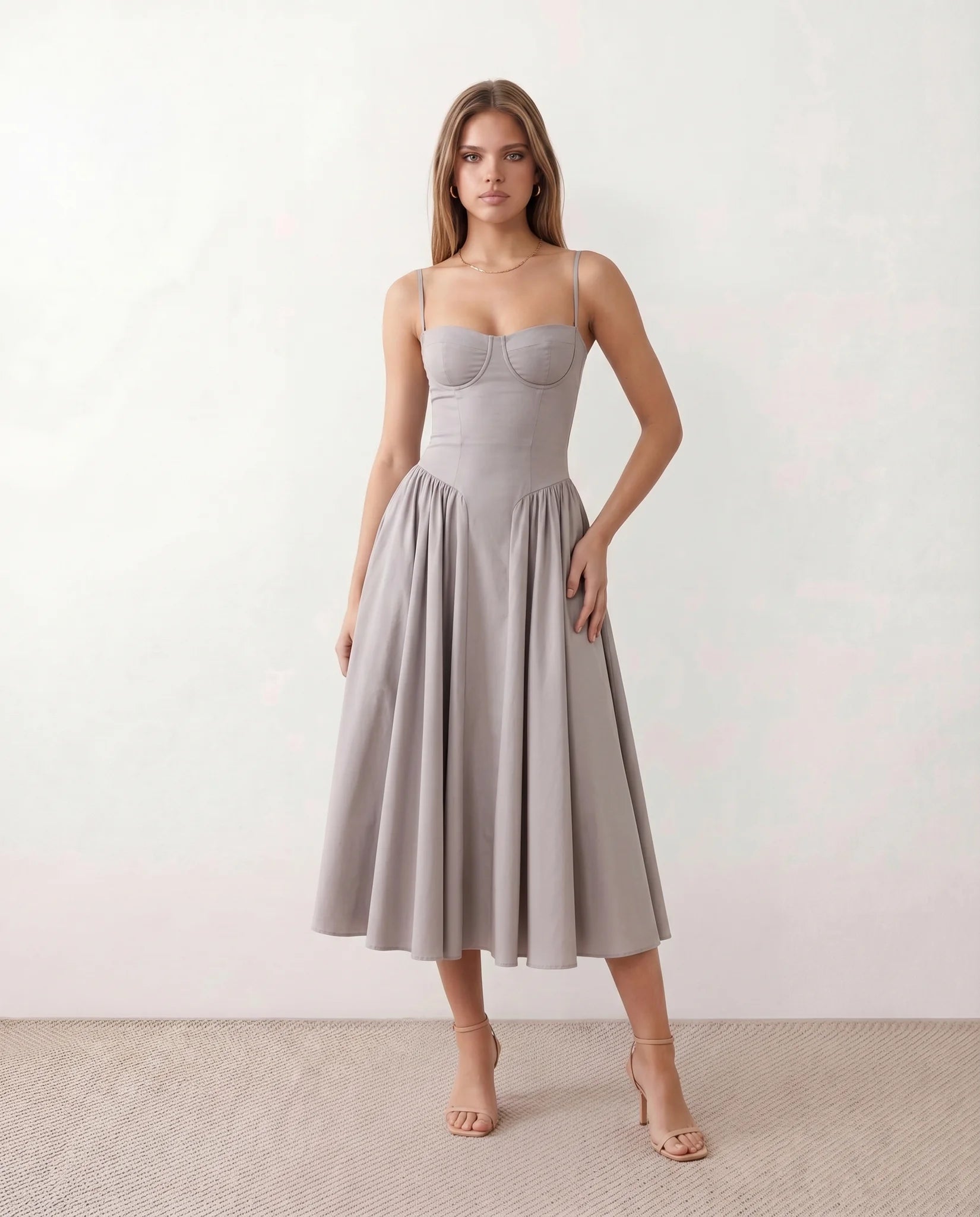 Daria Cocktail Spaghetti Strap Midi Dress in Gray — front view