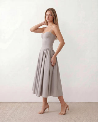 Daria Cocktail Spaghetti Strap Midi Dress in Gray — side view