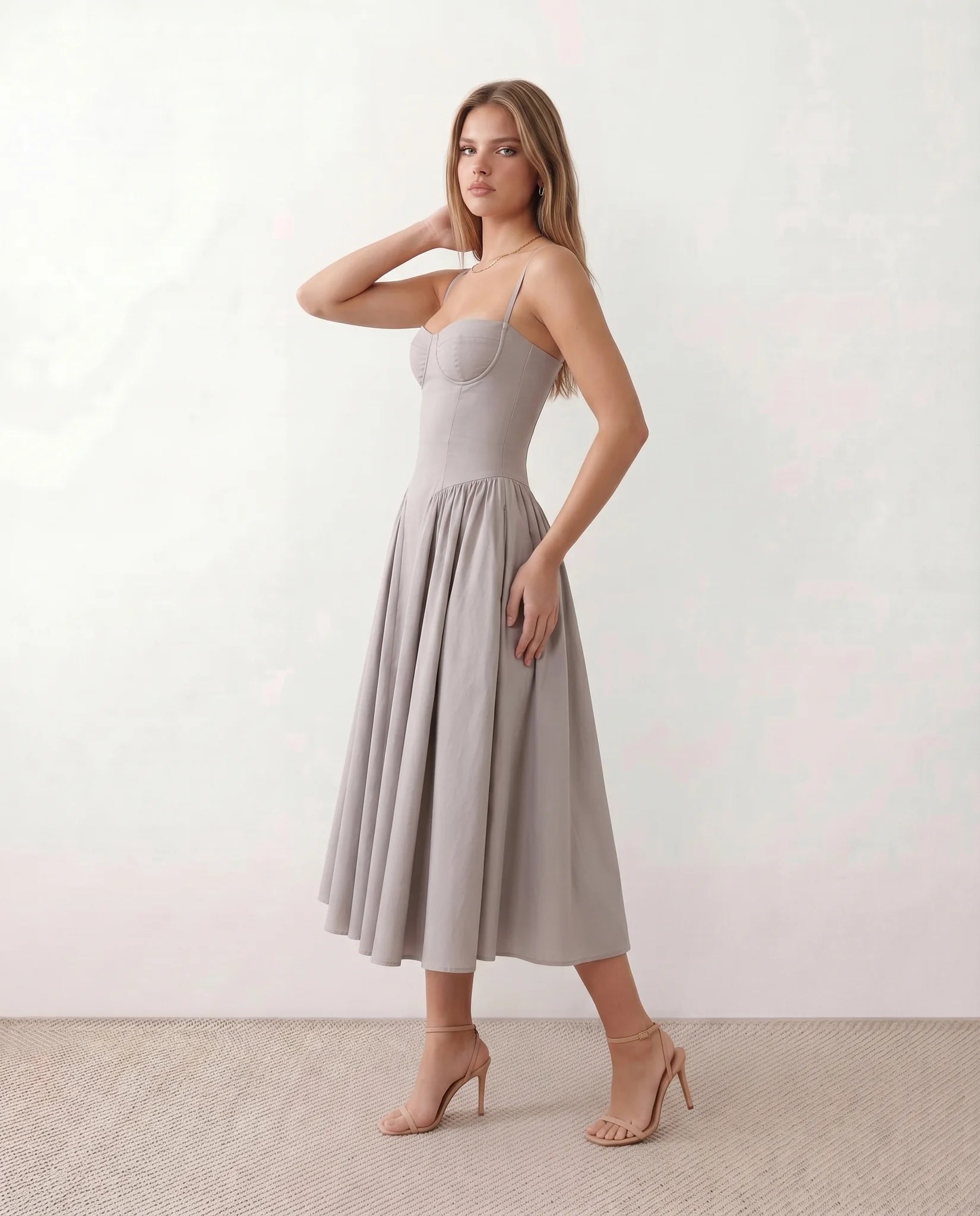 Daria Cocktail Spaghetti Strap Midi Dress in Gray — side view