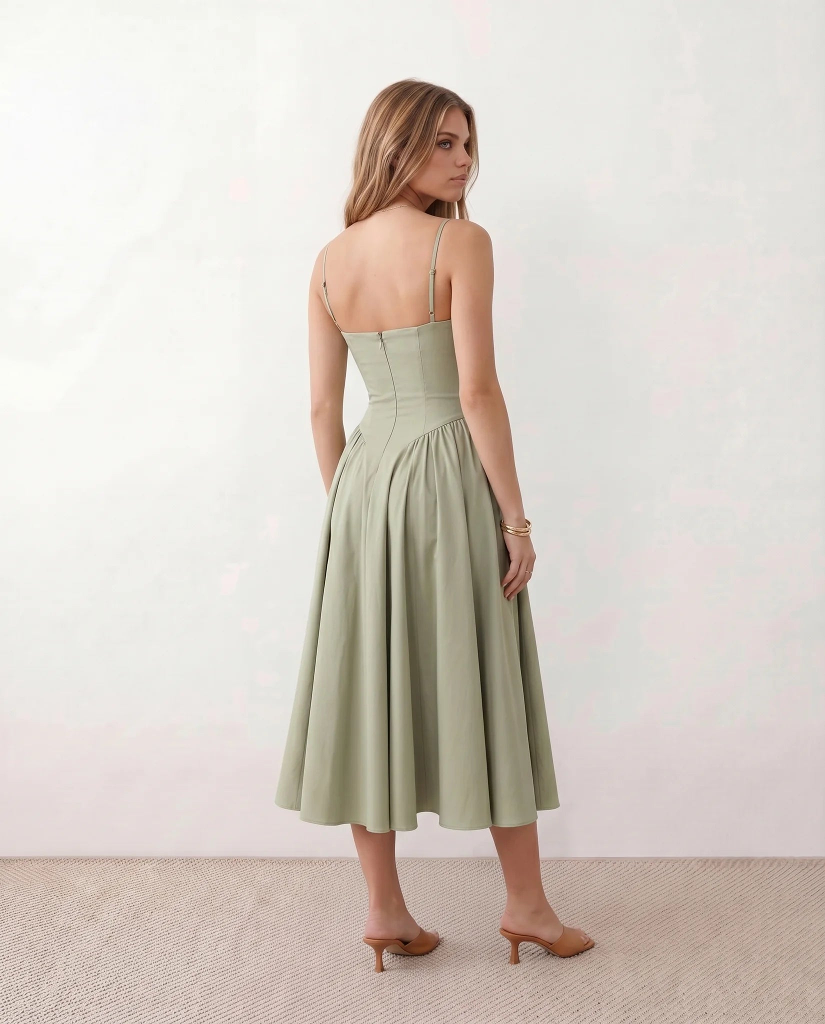 Daria Cocktail Spaghetti Strap Midi Dress in Green — back view