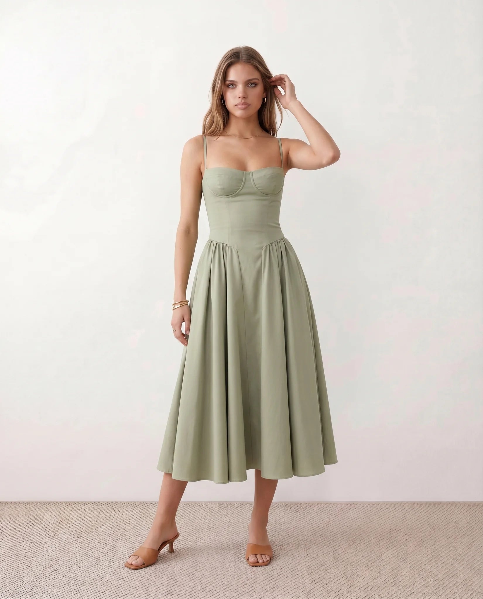 Daria Cocktail Spaghetti Strap Midi Dress in Green — front view