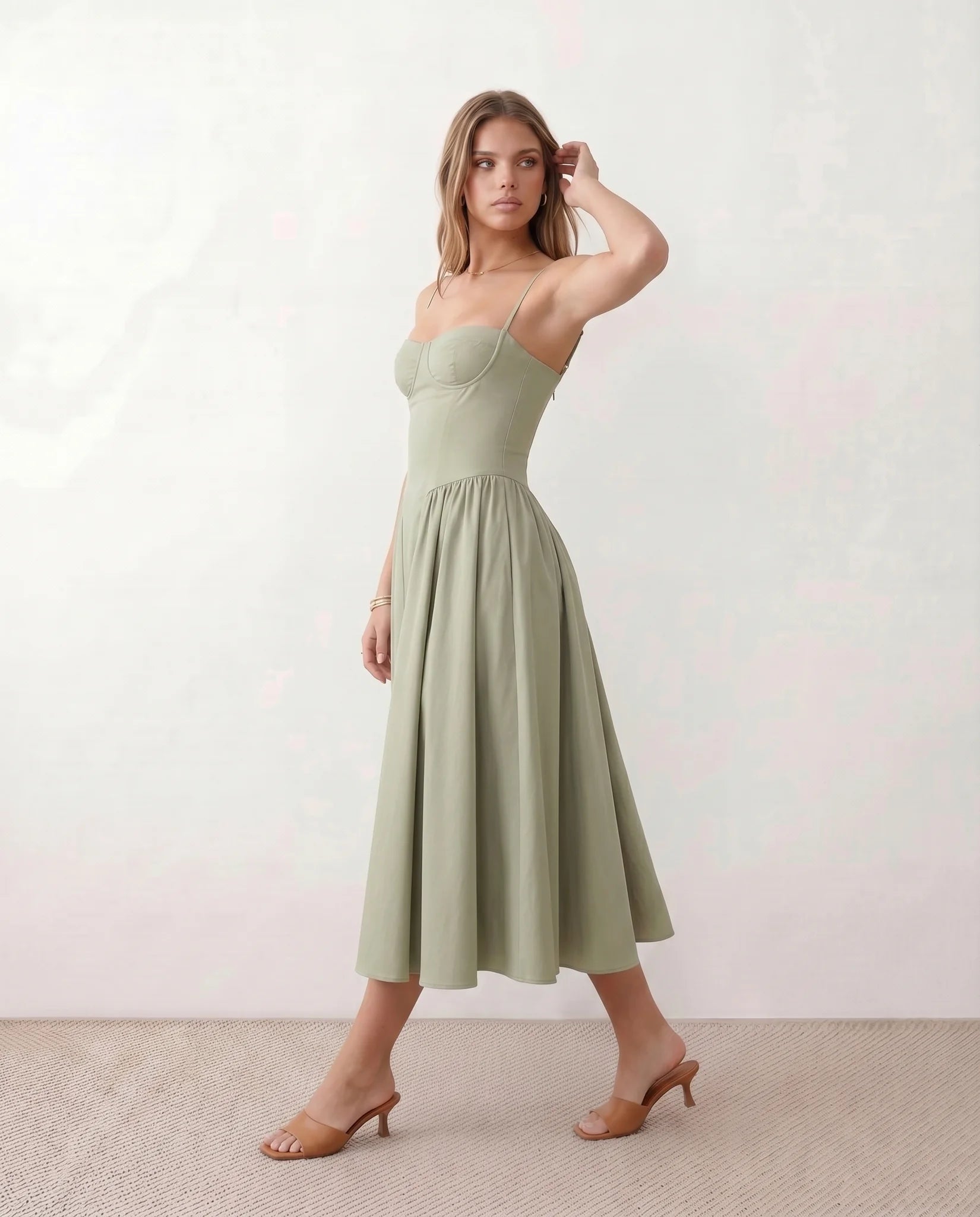 Daria Cocktail Spaghetti Strap Midi Dress in Green — side view