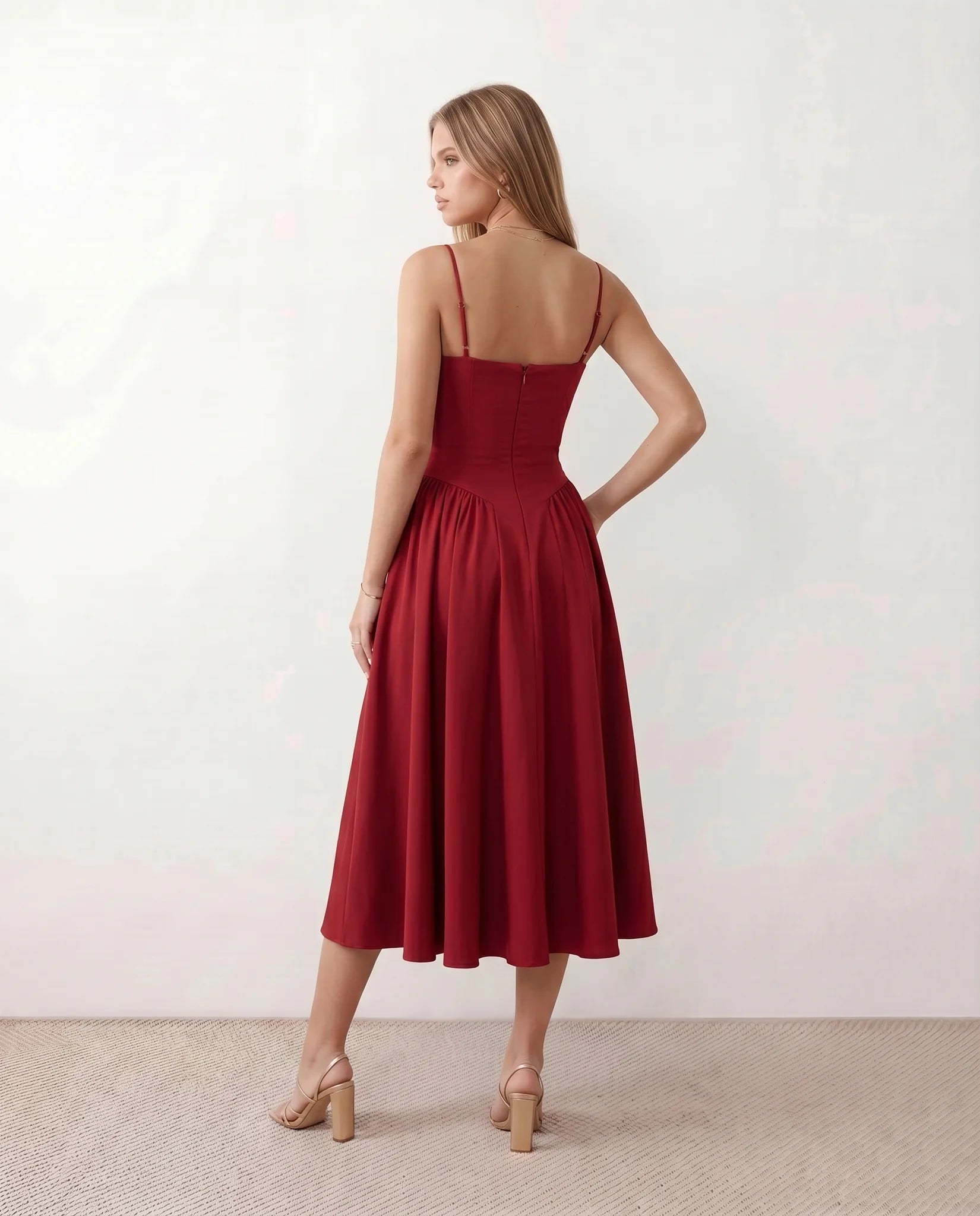 Daria Cocktail Spaghetti Strap Midi Dress in Red — back view